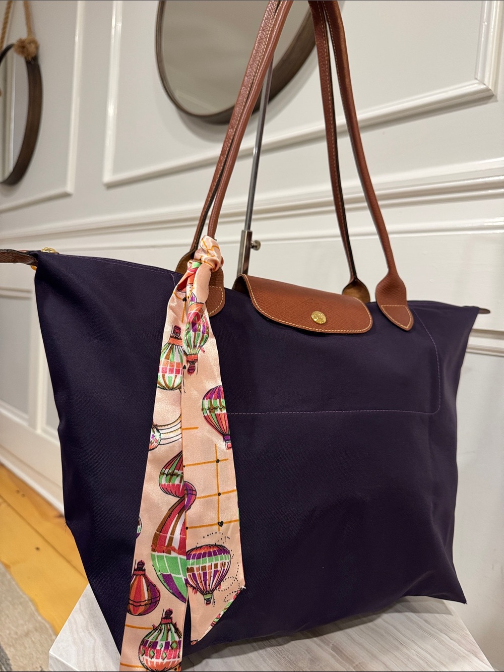 Longchamp Bag Le Pliage Large Purple Tote with Brown Leather Trim